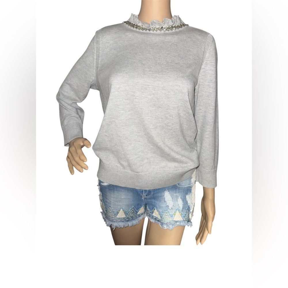Talbots Heather Gray Sweater jewelry collar, Tie Back 3/4 Sleeve